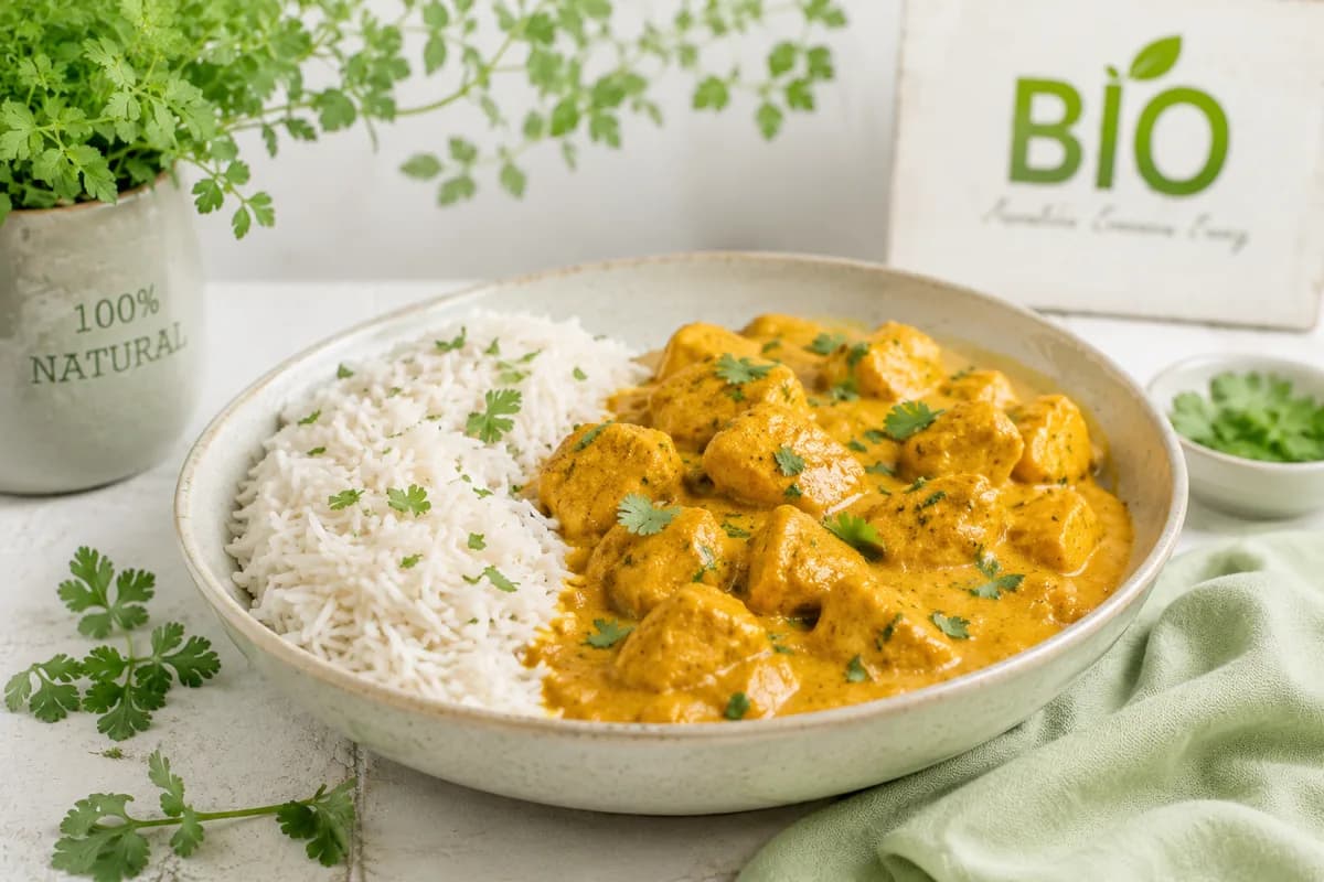 Butter Chicken — poulet au beurre indien accompagné de riz parfumé
